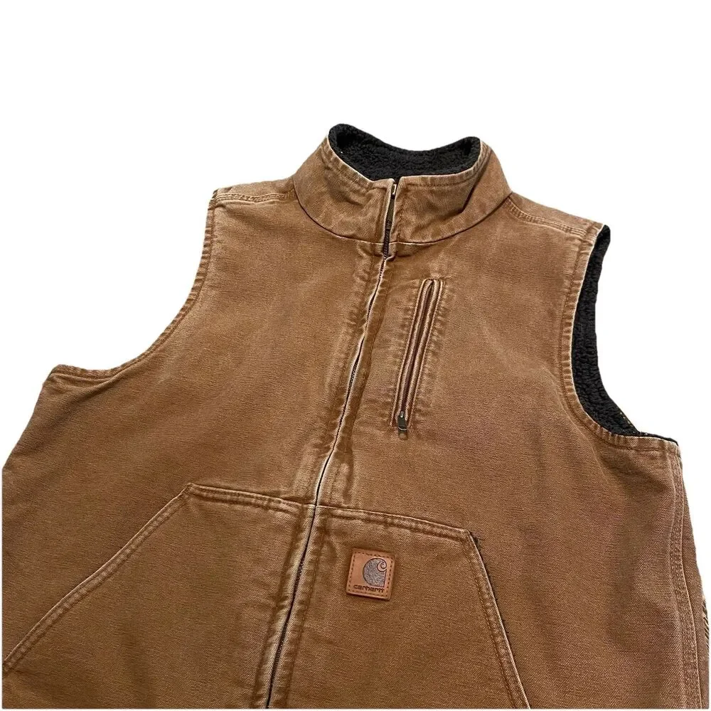 Vintage Carhartt Vest Mens Canvas Sherpa Lined Zip Solid Retro Y2K V33 211 Tan M - Picture 1 of 9